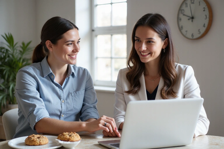 A nutritionist explaining cookie policy to a client on a laptop