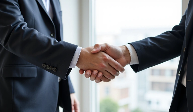 Két ember kezet fog, üzleti megállapodást szimbolizálva, tisztességes feltételeket képviselve